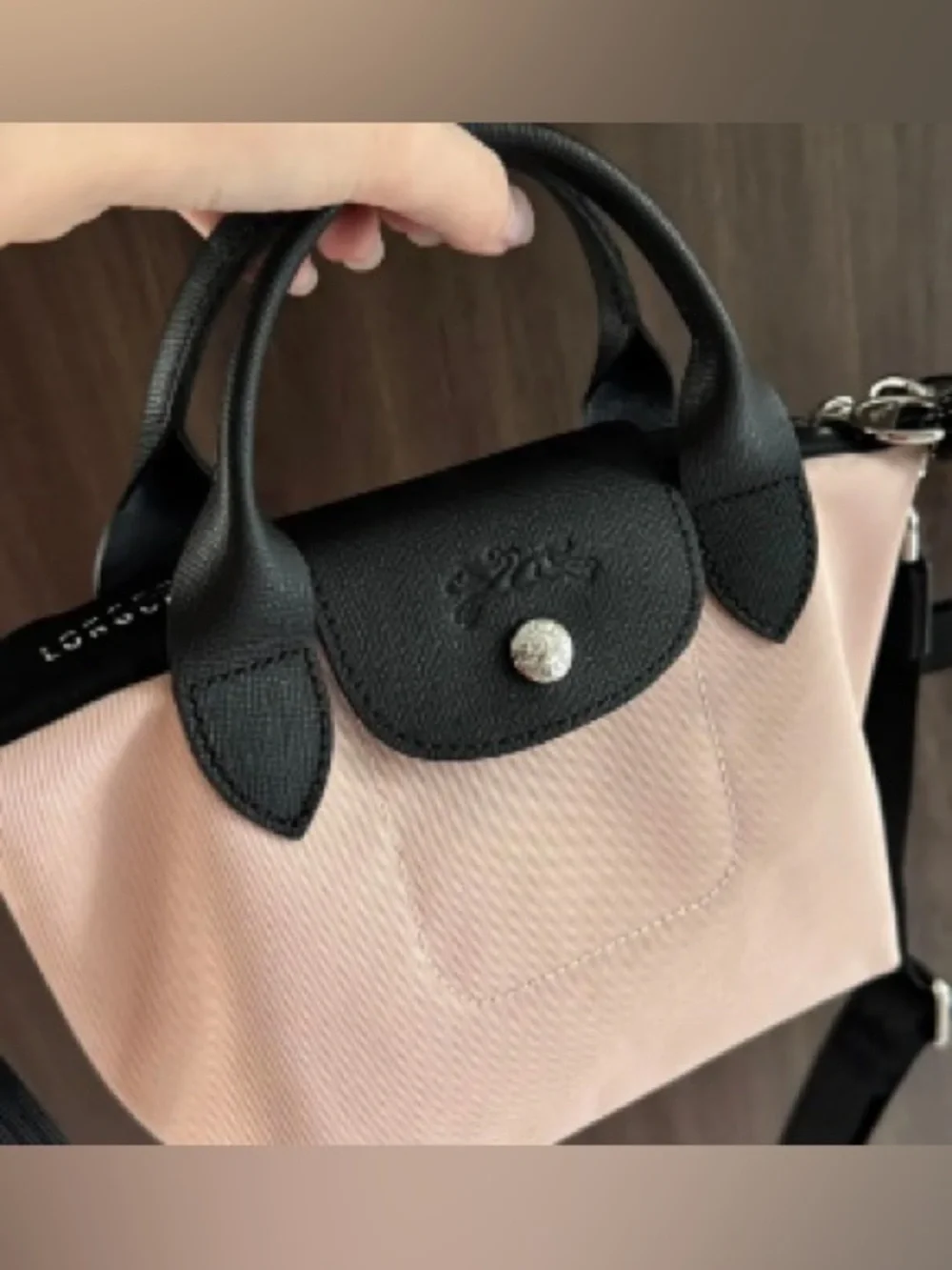 Longchamp Crossbody Le Pliage Mini - Blush Pink with Black Trim - Picture 3 of 4